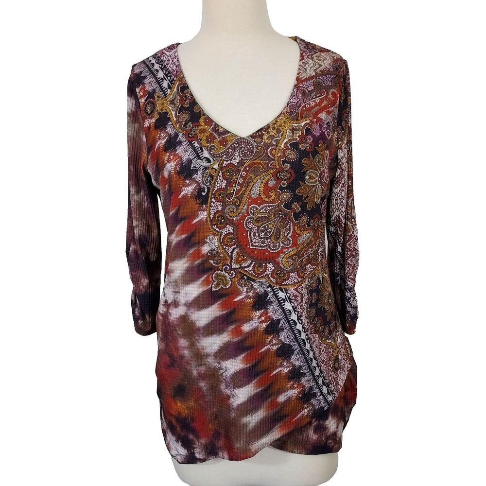 One World Asymmetric Tunic Top Women Size Large Boho Fairy Artsy Festival Shirt